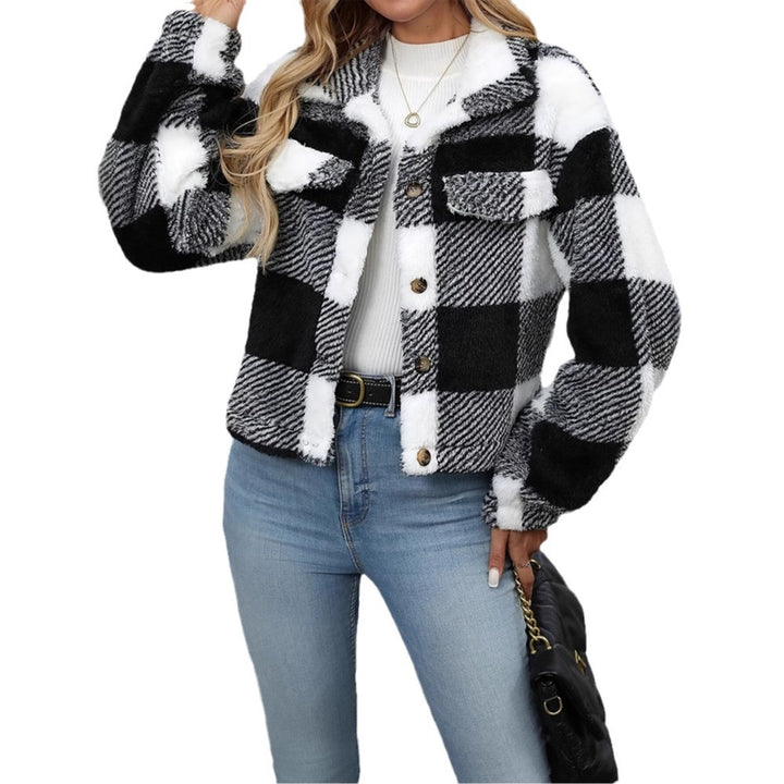 Ladies Plaid Plush Jacket with Soft Touch and Button Front Lune London