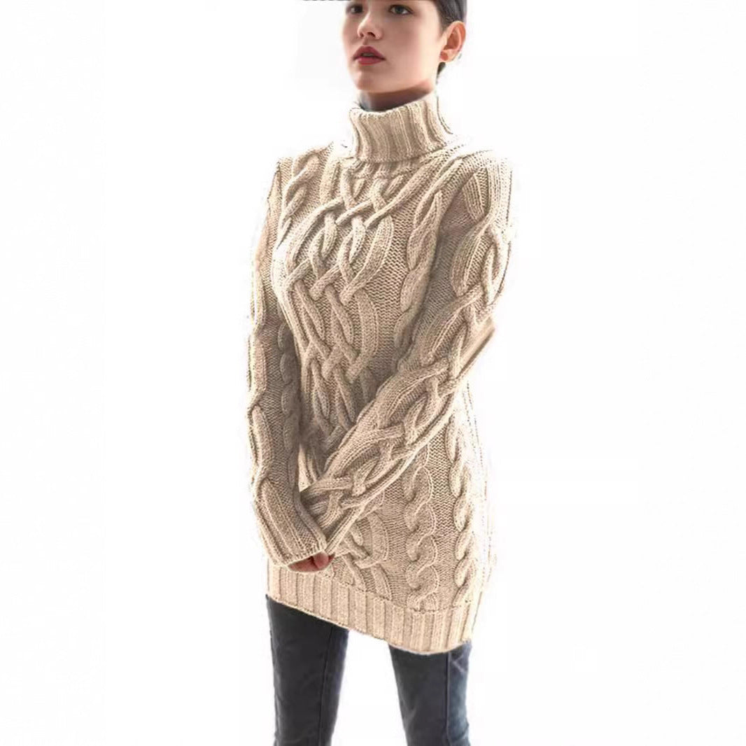 Chunky knit sweater for women with high collar and cable pattern Lune London