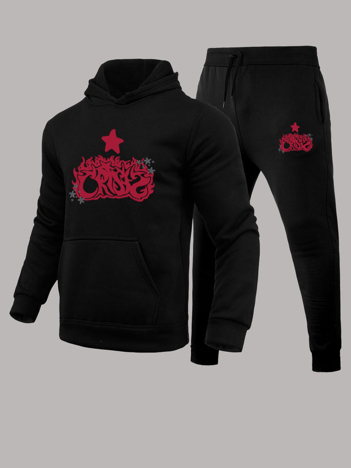 Men's hoodie and jogger pants set with artistic print and chic casual details