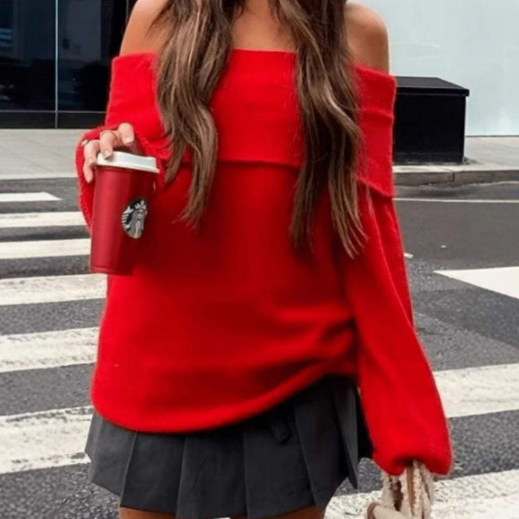 Women Off-Shoulder Knit Sweater with Wide Sleeve Lune London