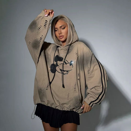 Oversized hoodie for women with trendy tear details and graphic print Lune London