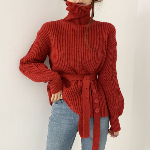 Pull en tricot épais pour femmes avec col montant et taille ceinturée Chic & Stil