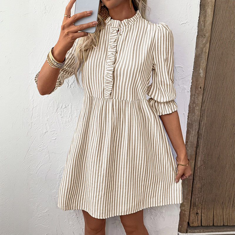 Chic Striped Ruffled Button Mini Dress for Women