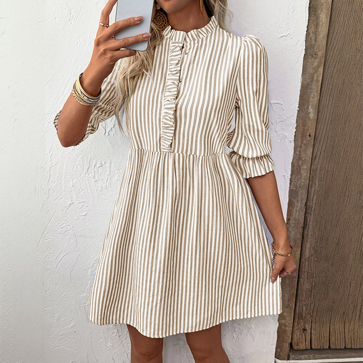 Chic Striped Ruffled Button Mini Dress for Women