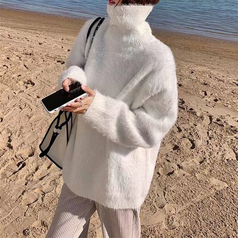 Ladies Soft Sweater with Oversized Cut and Chic High Collar