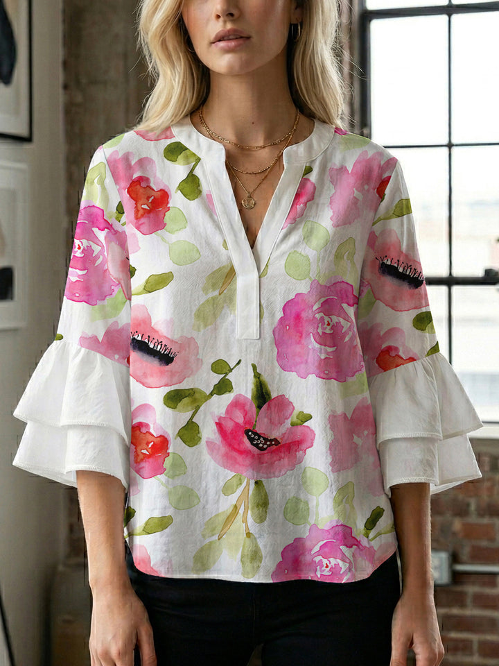 Women Elegant Top with Voluminous Puff Sleeves and Floral Print Lune London