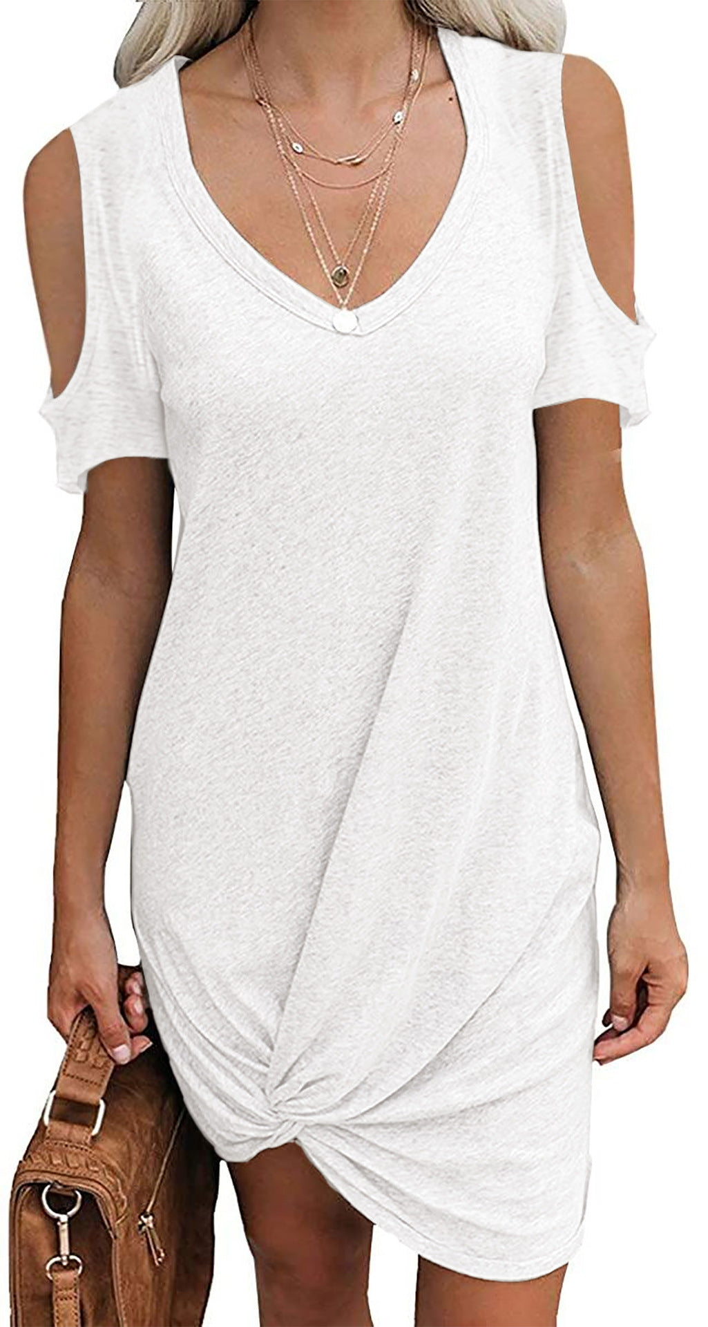 Mini V-neck dress for ladies with open shoulder design and refined tying details Lune London