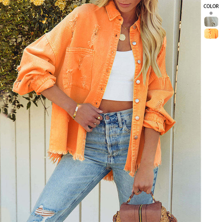 Oversized denim jacket for women with frayed hem and button-up design Chic & Stil