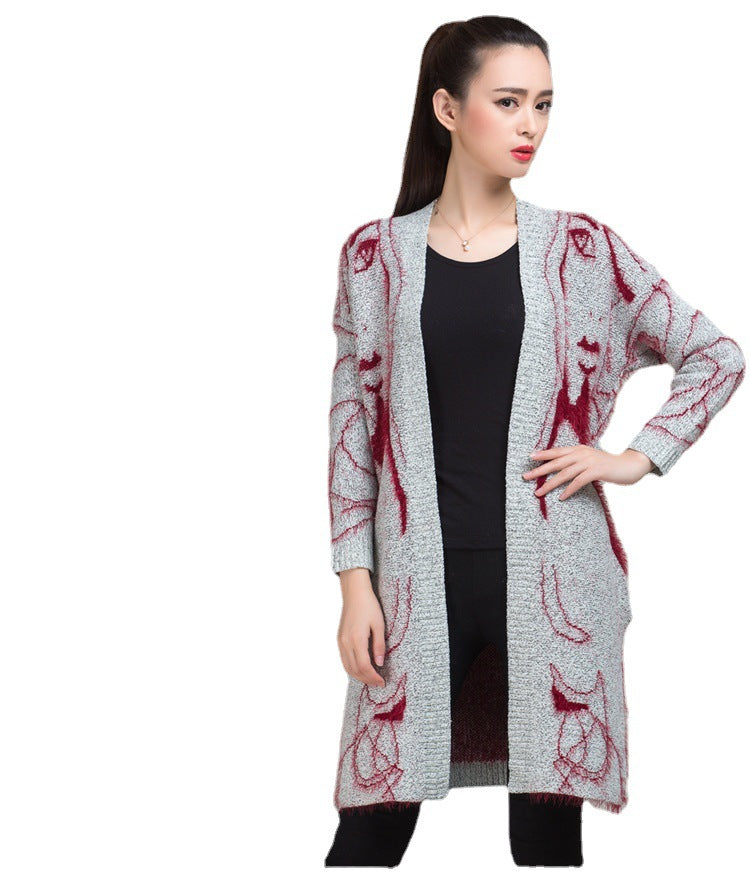 Women's knit coat with a unique artistic pattern and an open design Lune Londonl