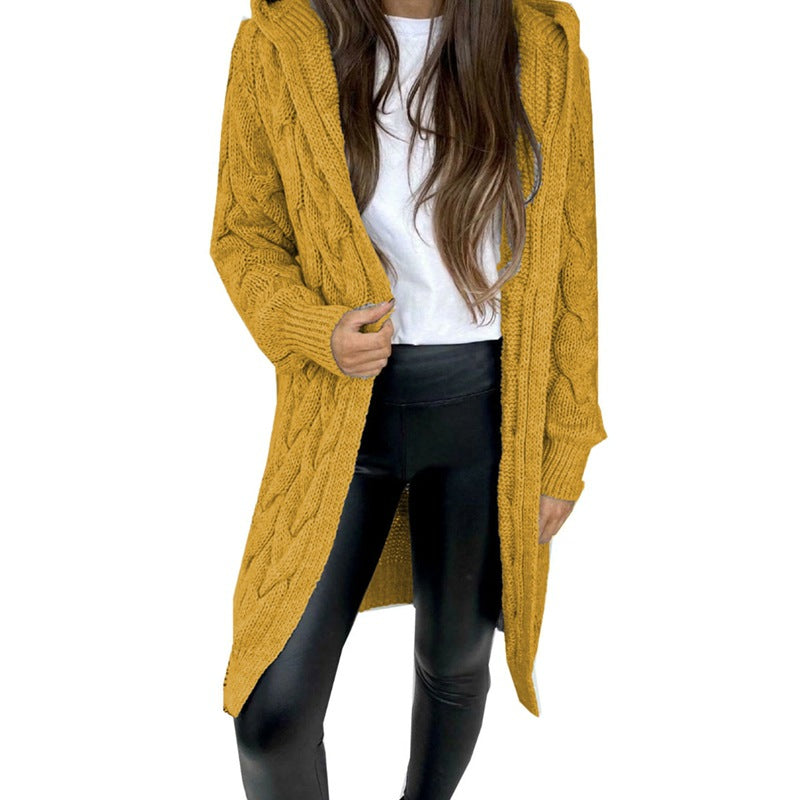 Ladies chunky knit coat with hood and braided design Lune London