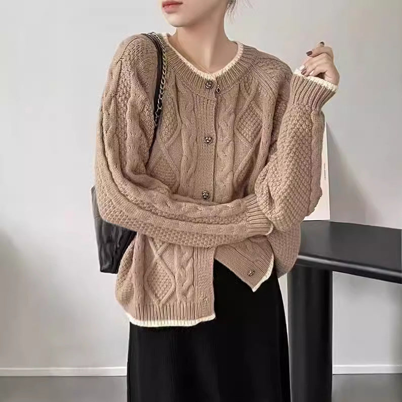 Thick knit women’s jacket with cable pattern and decorative buttons Lune London
