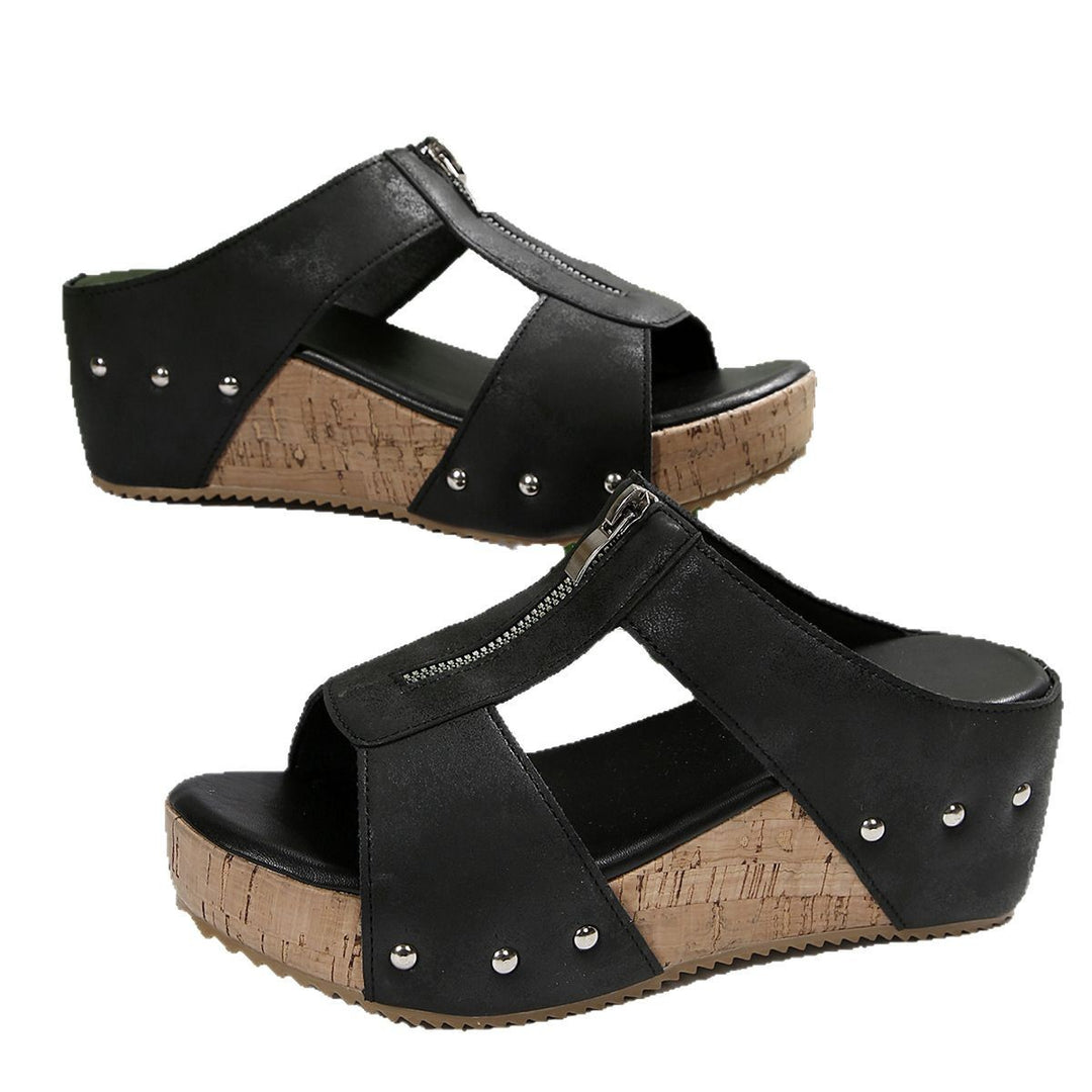 Comfortable wedge sandals for ladies with zipper closure and fashionable pearl decoration Lune London