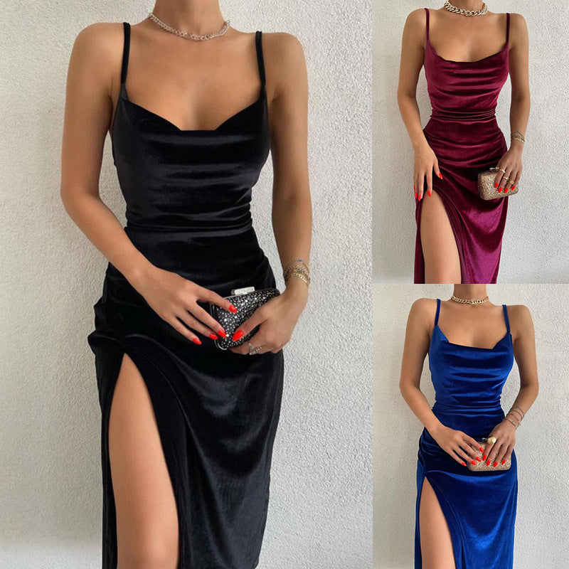 Women high-quality evening dress with spaghetti straps and side slit Lune London