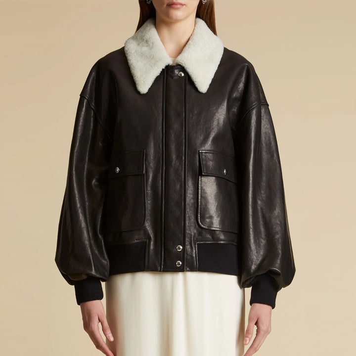 Trendy leather jacket for women with voluminous sleeves and Teddy collar Lune London