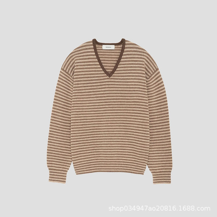 Pull fin à col en V pour femmes avec des motifs à rayures Chic & Stil