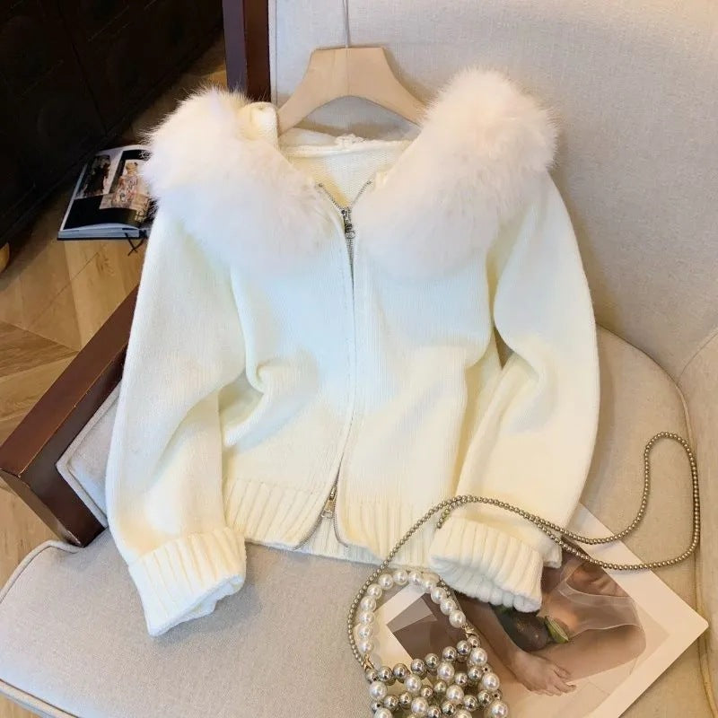 Womens knit jacket with removable faux fur hood and fitted cut Lune London