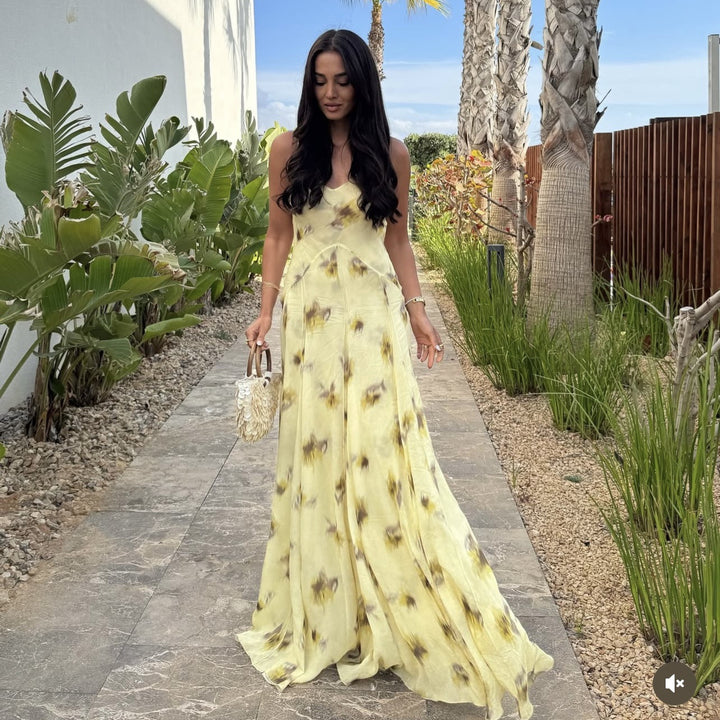 Maxi dress for women with floral pattern and light chiffon Lune London