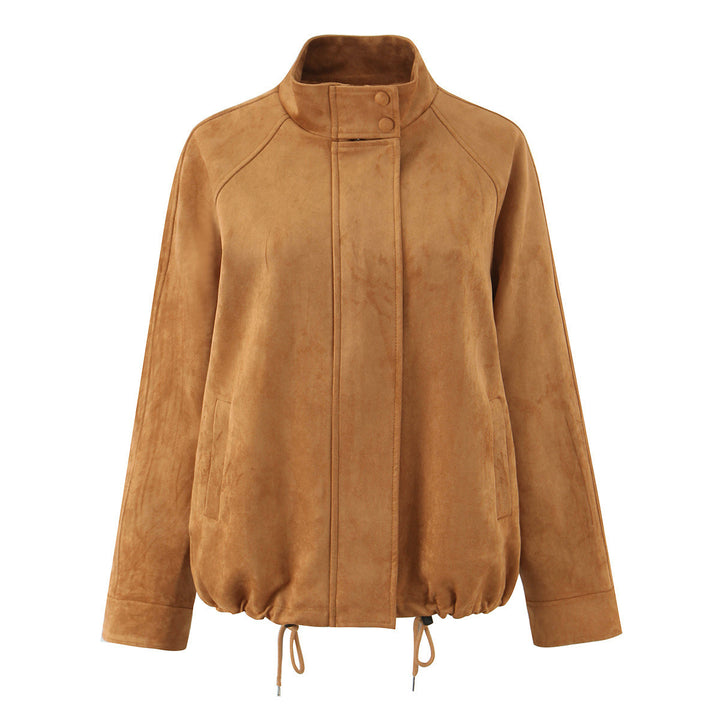 Ladies synthetic leather jacket with stylish high collar and adjustable hem Lune London