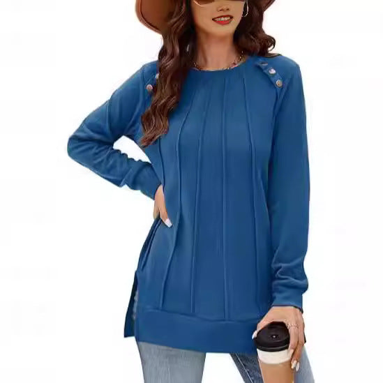 Ladies long sleeve T-shirt with decorative buttons and side slits Lune London