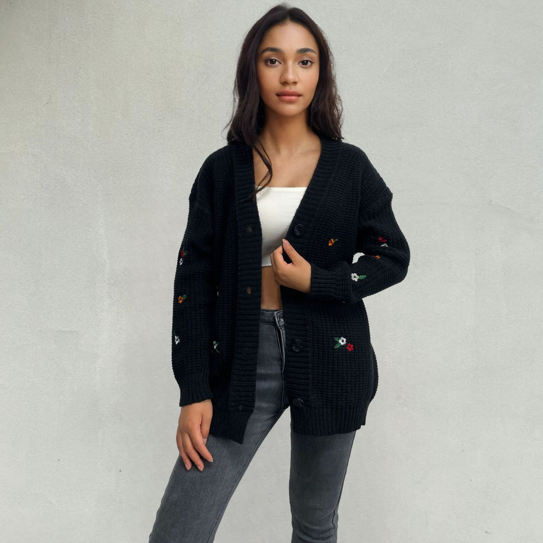 Ladies Thick-Knit Cardigan with 3D Floral Pattern and Comfortable Fit Lune London