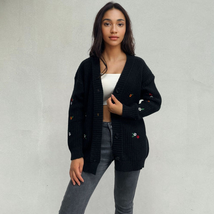 Ladies Thick-Knit Cardigan with 3D Floral Pattern and Comfortable Fit Lune London