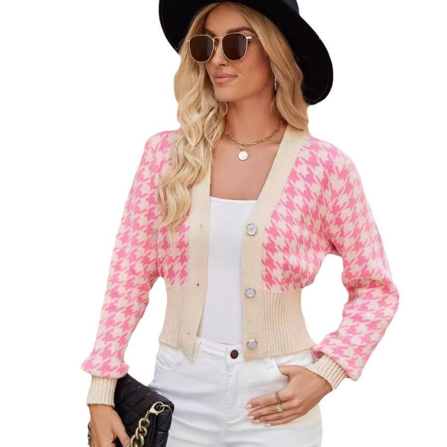 Women Fashionable Knitted Cardigan with Argyle Pattern and Beaded Button Lune London
