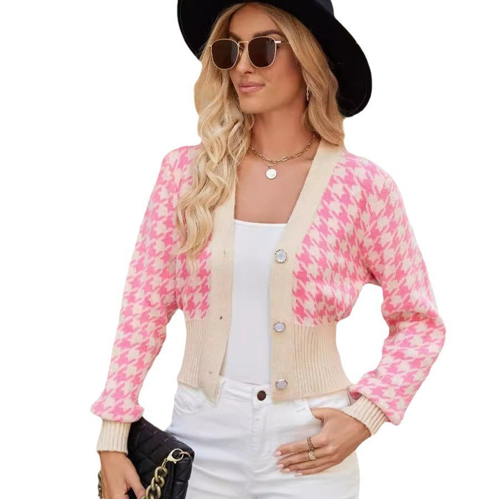 Women Fashionable Knitted Cardigan with Argyle Pattern and Beaded Button Lune London