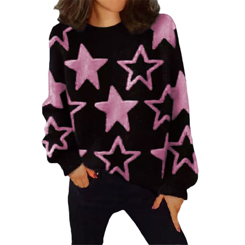 Ladies Comfortable Knit Sweater with Star Pattern and Chic Casual Cut