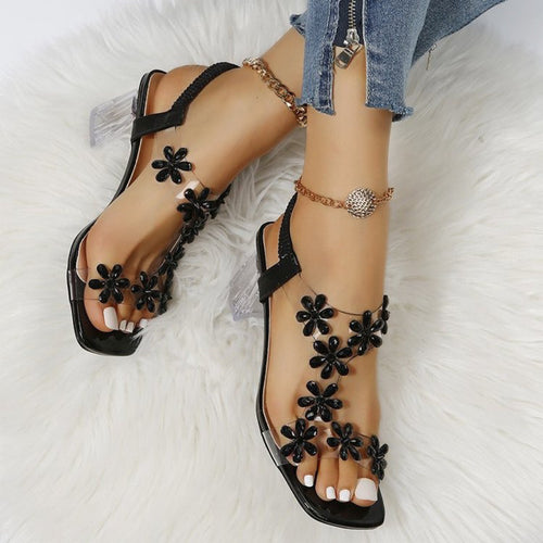 Women Glamour Sandals with transparent block heel and floral accents Lune London