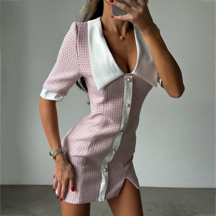 Short sleeve women's dress with unique collar and button details Lune London