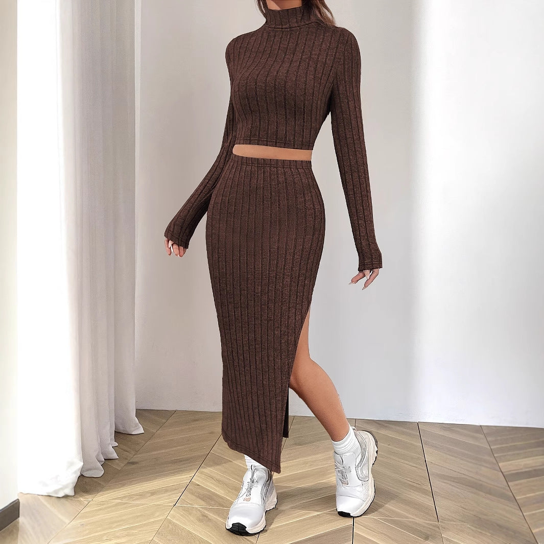 Striped midi dress for women with high collar and slit Lune London