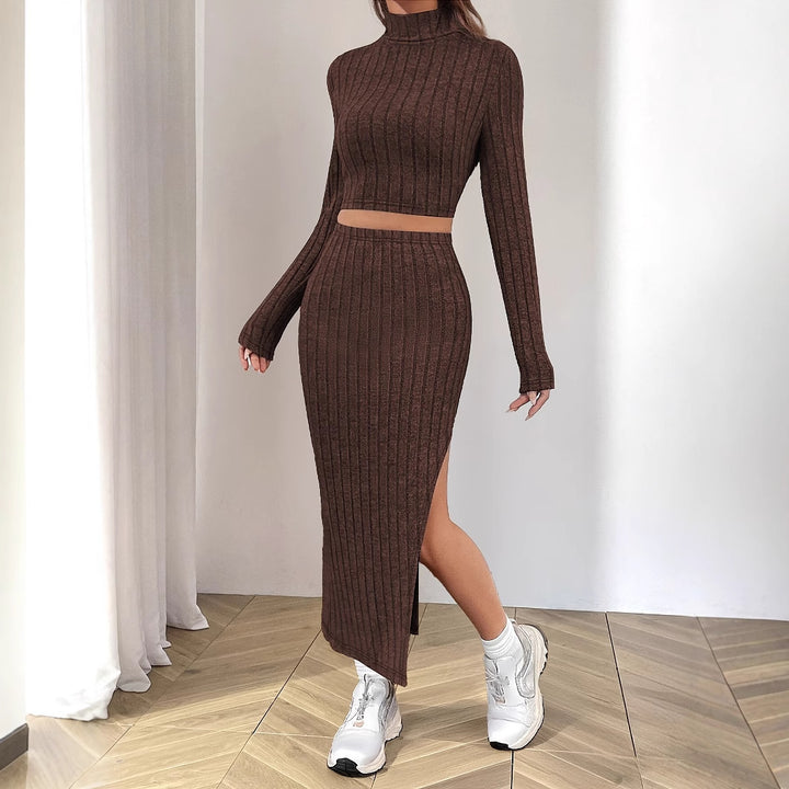 Striped midi dress for women with high collar and slit Lune London