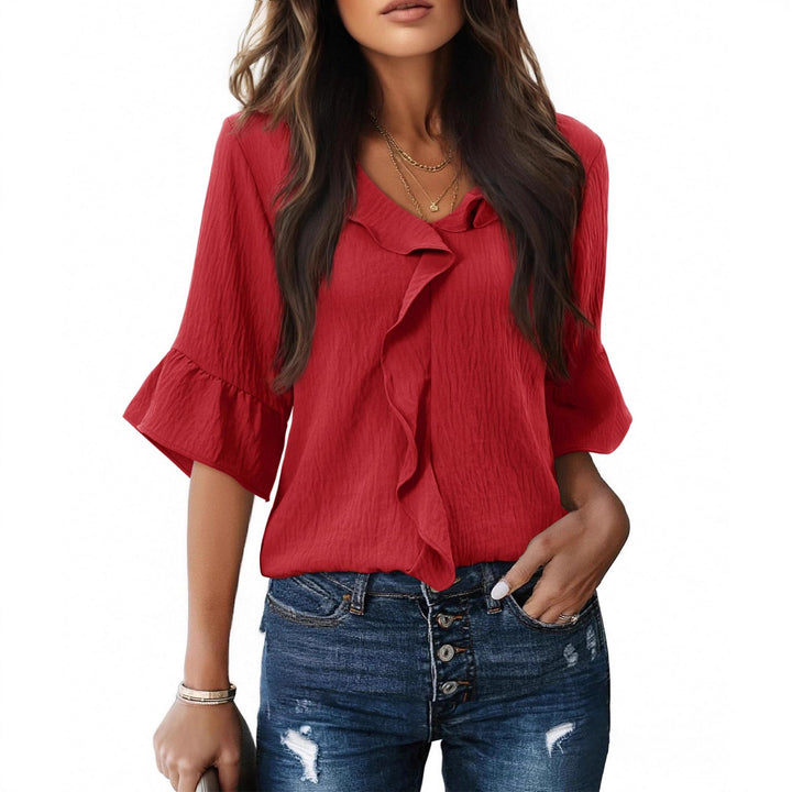 Women's Airy Blouse Shirt with Ruffle Details and V-Neck Lune London