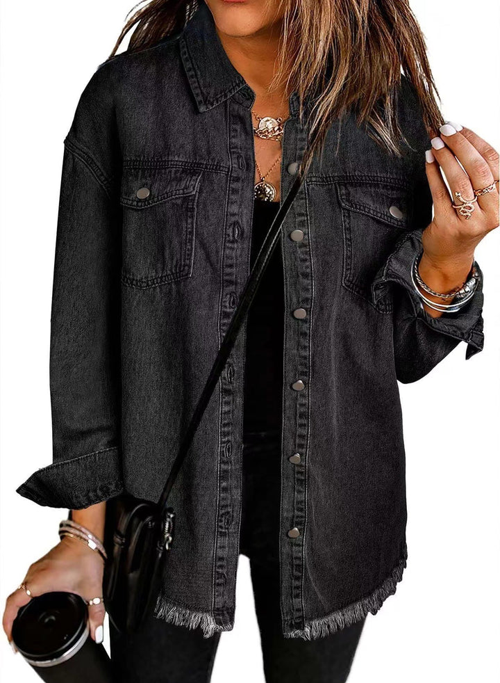 Casual denim shirt for women with frayed edges and convenient chest pockets Lune London
