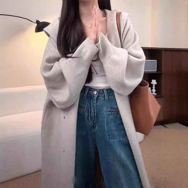 Manteau long en tricot pour femmes avec capuche décontractée et manches larges drapées
