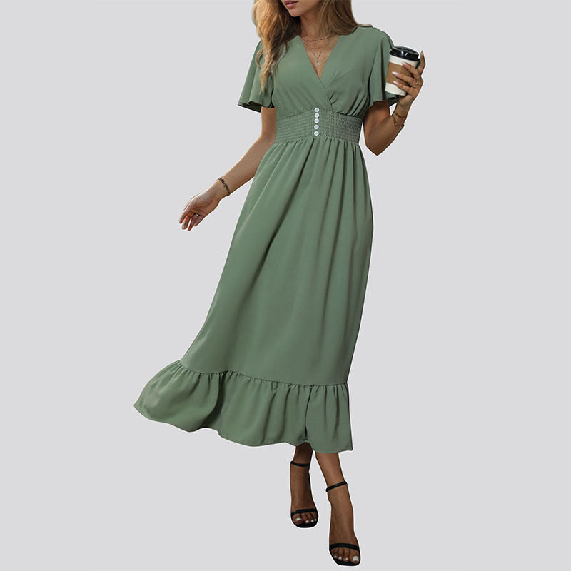 Fluid maxi dress for women with flutter sleeves and a button detail Lune London