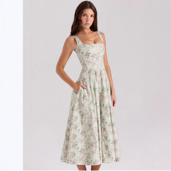 Women's Floral Maxi Dress with Slim Straps and Side Pockets