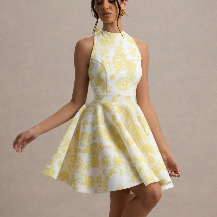 Women Playful fitted minimal dress with swinging skirt and half back view Lune London