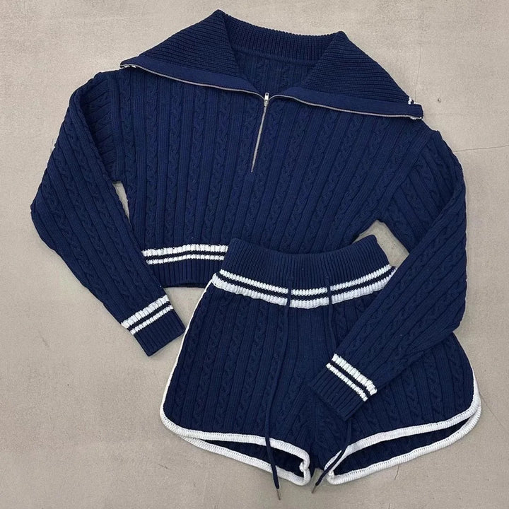 Knitted short sweater for women with a high collar and shorts in the Lune London set