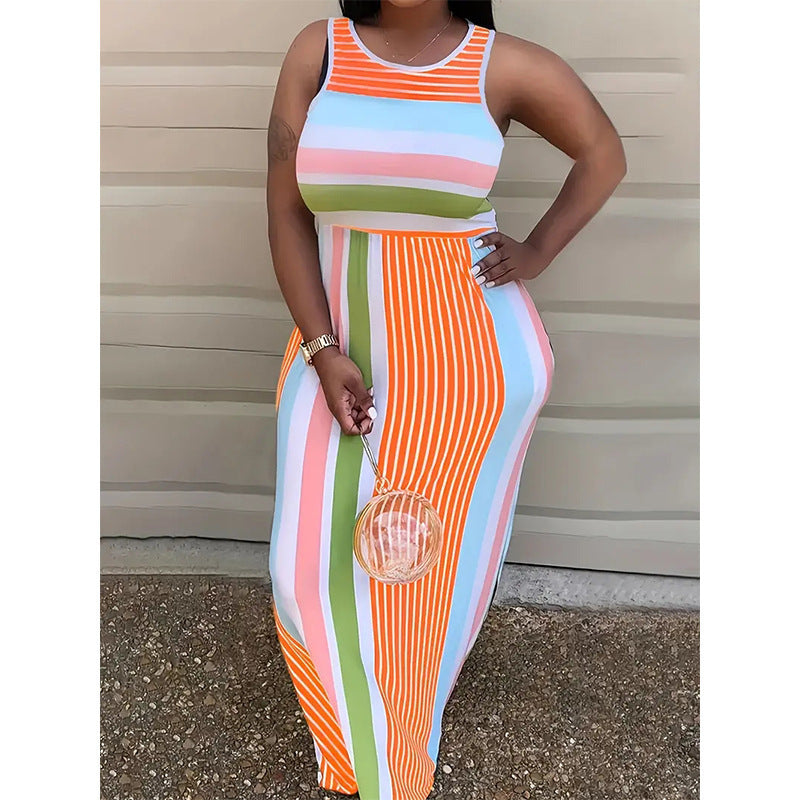 Maxi dress for ladies with a colorful striped design and a fitted cut Lune London