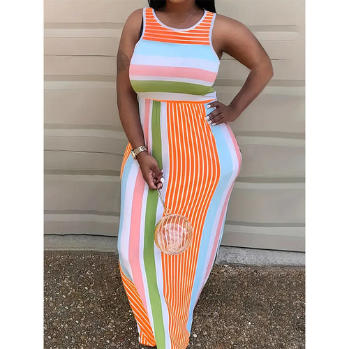 Maxi dress for ladies with a colorful striped design and a fitted cut Lune London