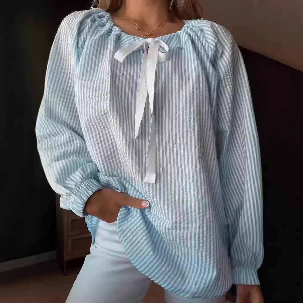 Ladies' blouse with elastic neckline and bow tie Lune London
