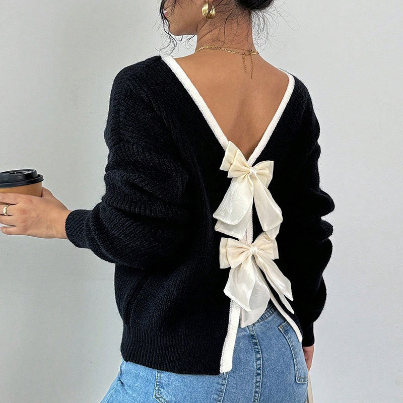 Pull-over en tricot pour femmes avec un col en V et des nœuds décoratifs autour
