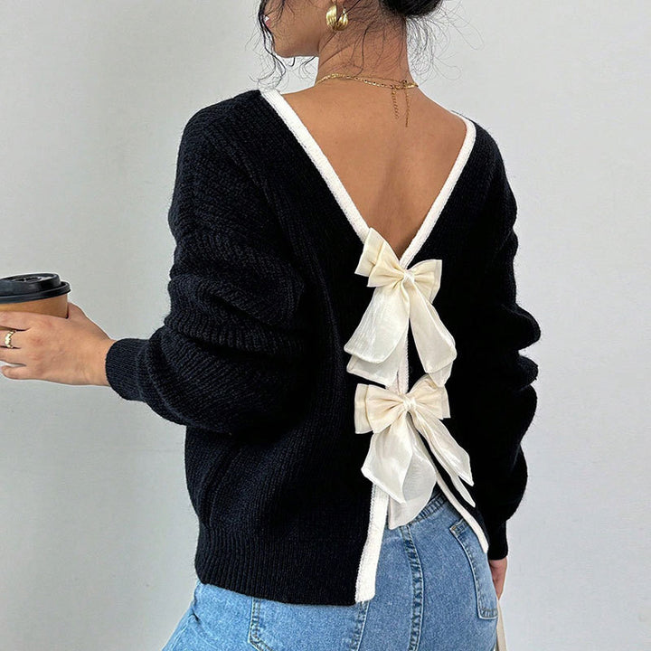 Pull-over en tricot pour femmes avec un col en V et des nœuds décoratifs autour