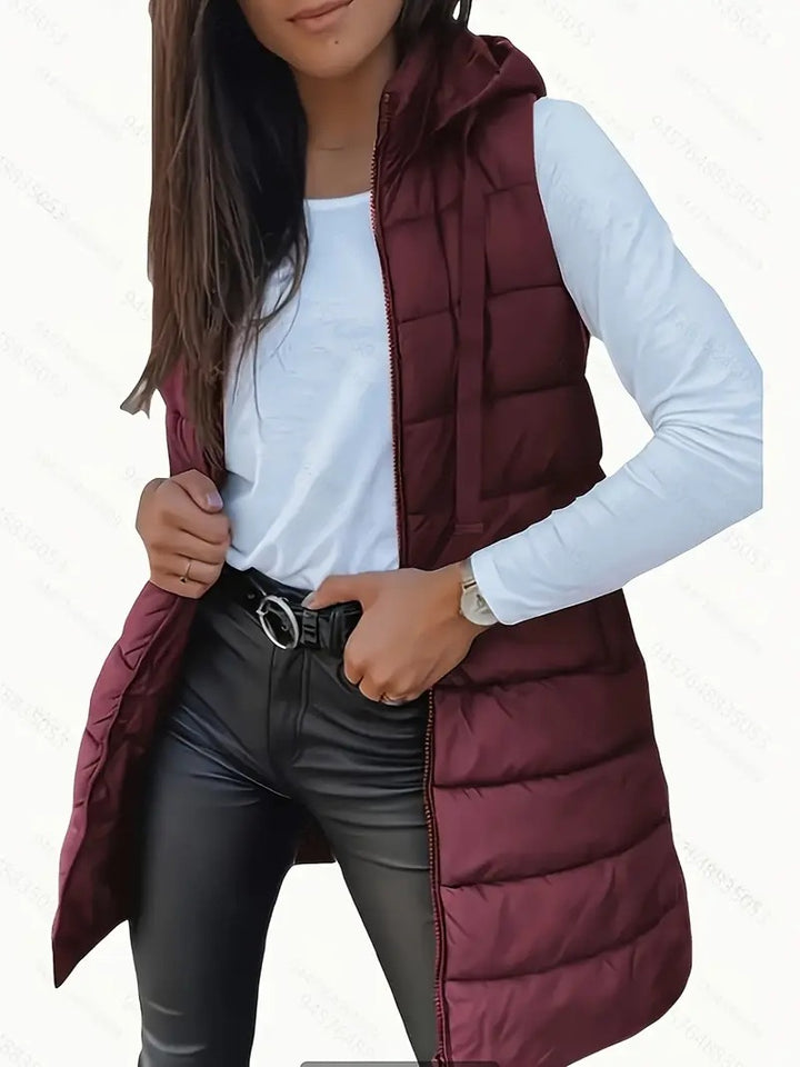 Ladies stylish quilted vest with hood and long cut Lune London