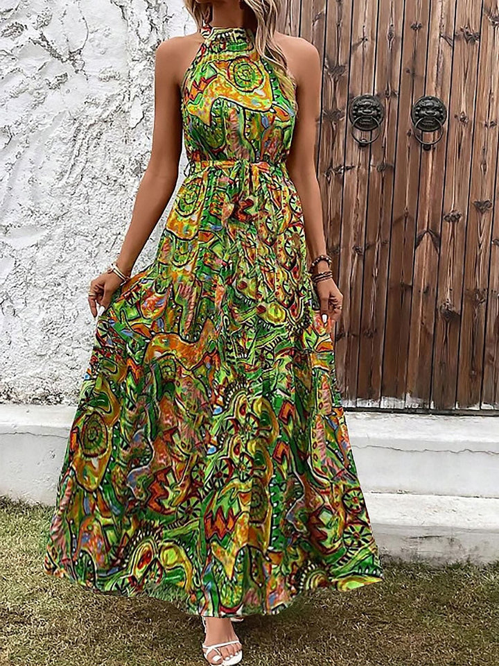Women's Maxi Dress in Boho Style with High Collar and Tied Belt Lune London