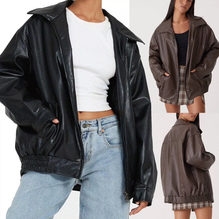 Casual faux leather jacket for women with elastic waist and practical pockets Lune London
