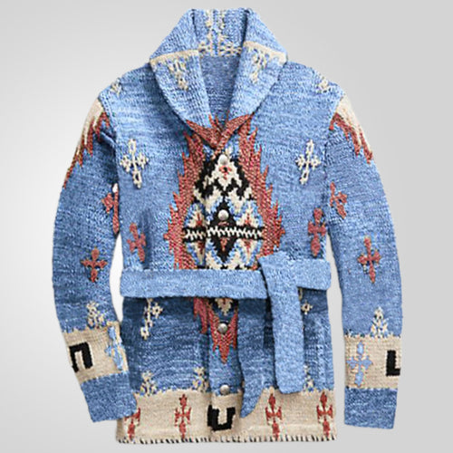 Comfortable knit coat for women with decorative pattern and practical belt Lune London