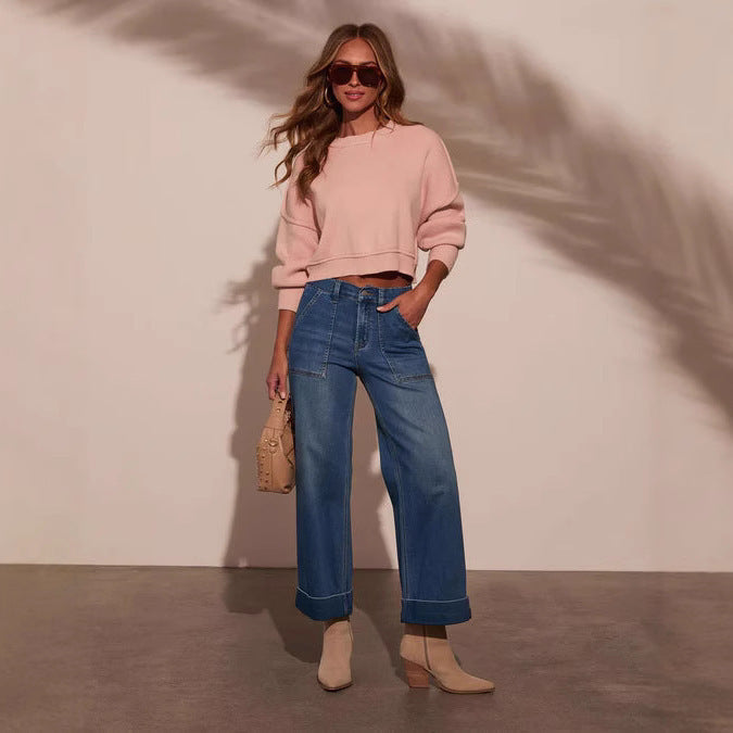 Women wide-cut denim pants with high waistband Lune London