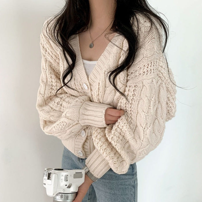 Women's chunky knit cardigan with raised pattern and button details Lune London